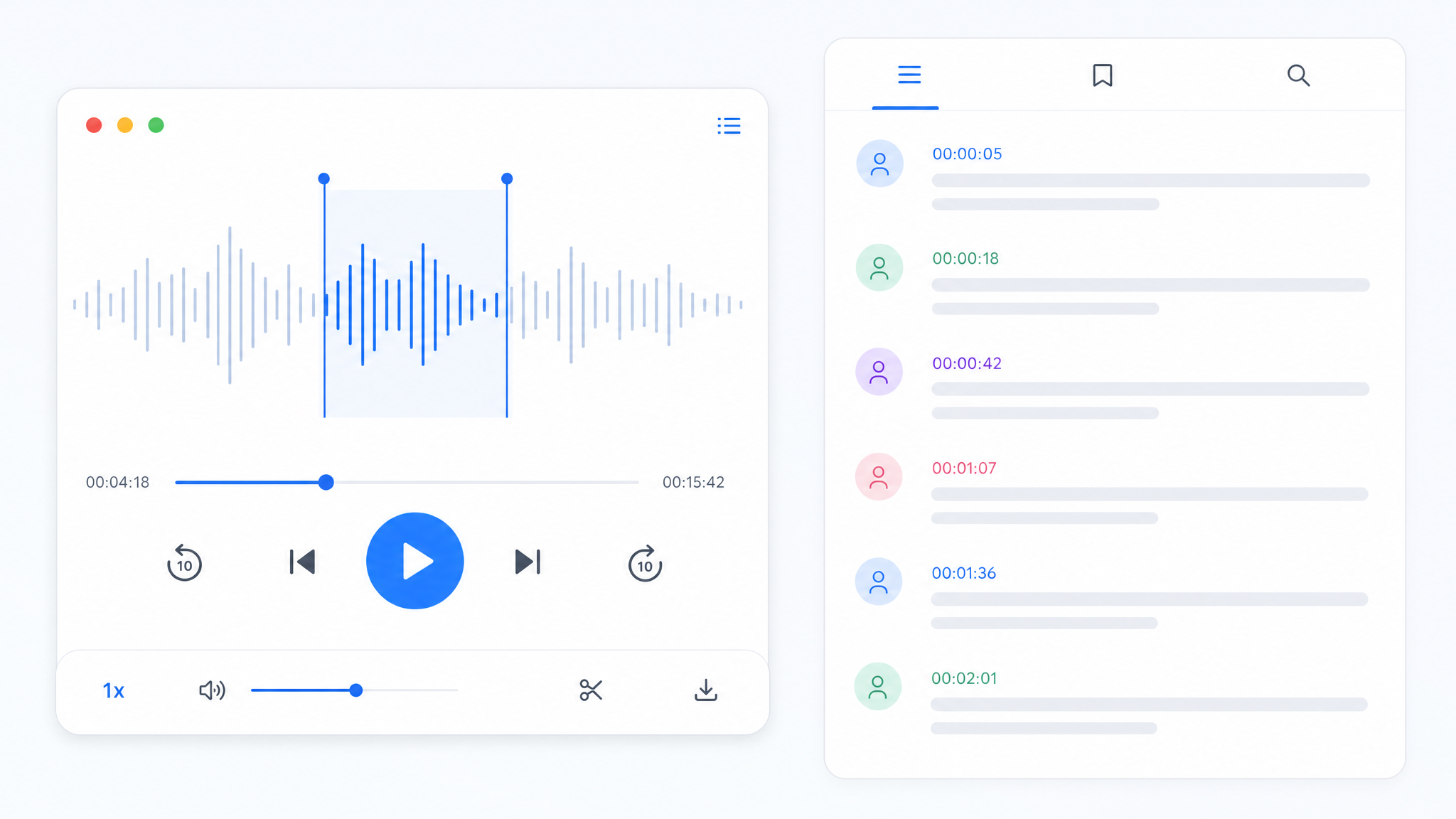 TranscribeAudio transcript workspace with speaker labels and timestamps